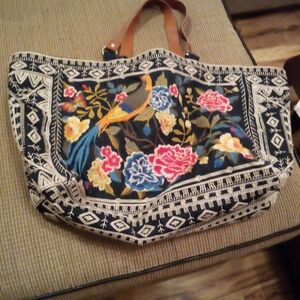 Johnny Was Blue Floral Phoenix Bird Tote Bag